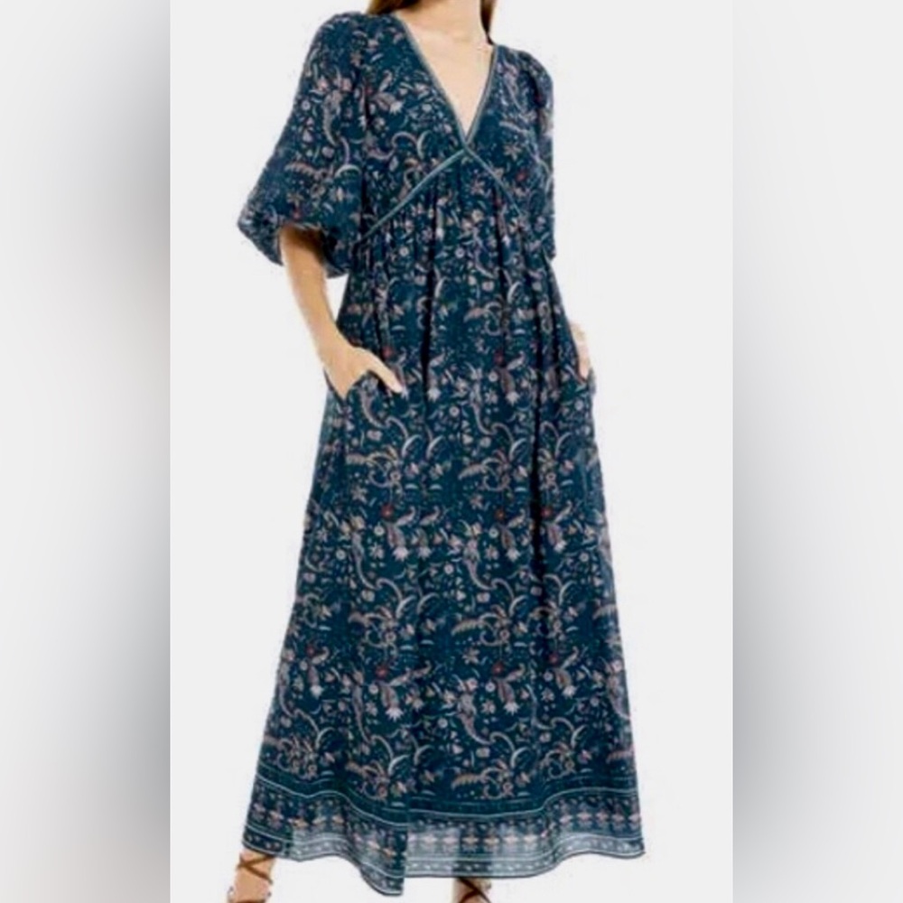 Boho Max Studio Empire Waist Butterfly Sleeve Dark Teal Floral Maxi Dress-Size M